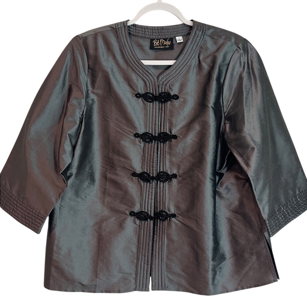 Kimono Style Silk Charcoal Jacket with Black Closure Accents Bob Mackie